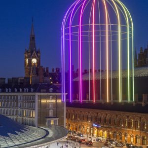 Jacques Rival's IFO (Identified Flying Object) suspended above battle Bridge Place, 'King's Cross